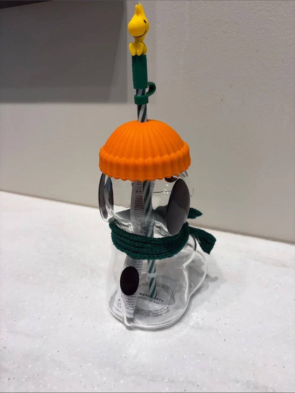 Starbucks Clear Snowman Cup with Orange Hat and Green Scarf